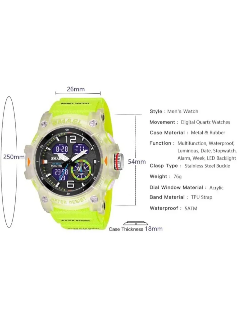 Mens Translucent&Green Analog Quartz S-Shock Waterproof Sports LED Digital Watch